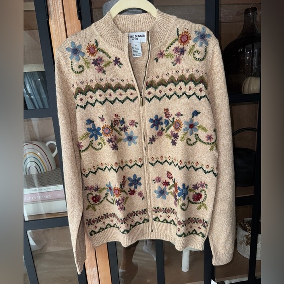 Vintage 90s Alfred Dunner Saratoga Springs Floral Embroidered Zip Sweater ramie - Picture 1 of 12